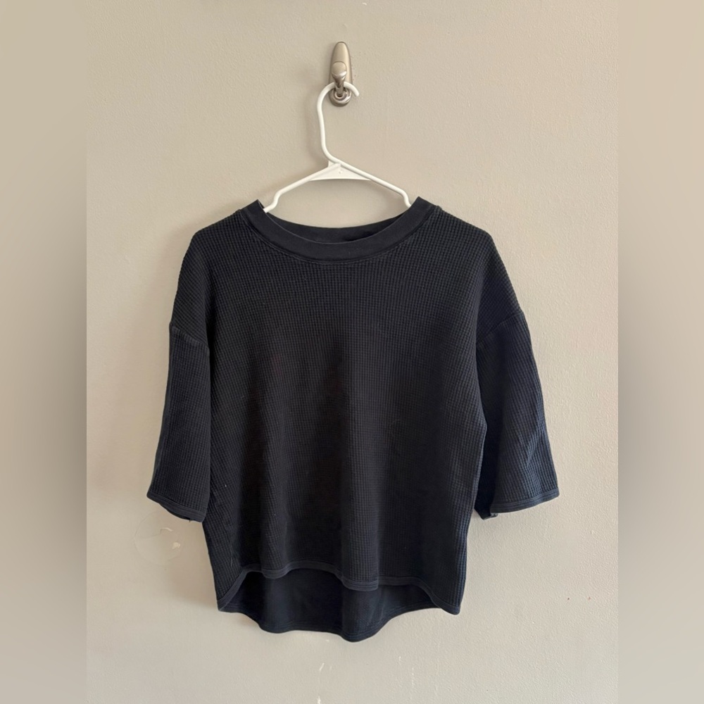 Bassike Branded Rib Waffle Short Sleeve Tee In Navy | Size S